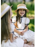 Ivory Cotton Flower Girl Dress With Navy Blue Ribbon